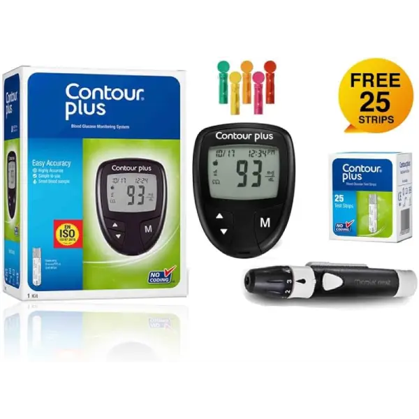 Contour Plus Sugar Testing Machine | Contour Glucometer with 25 Free Blood Glucose Test Strips